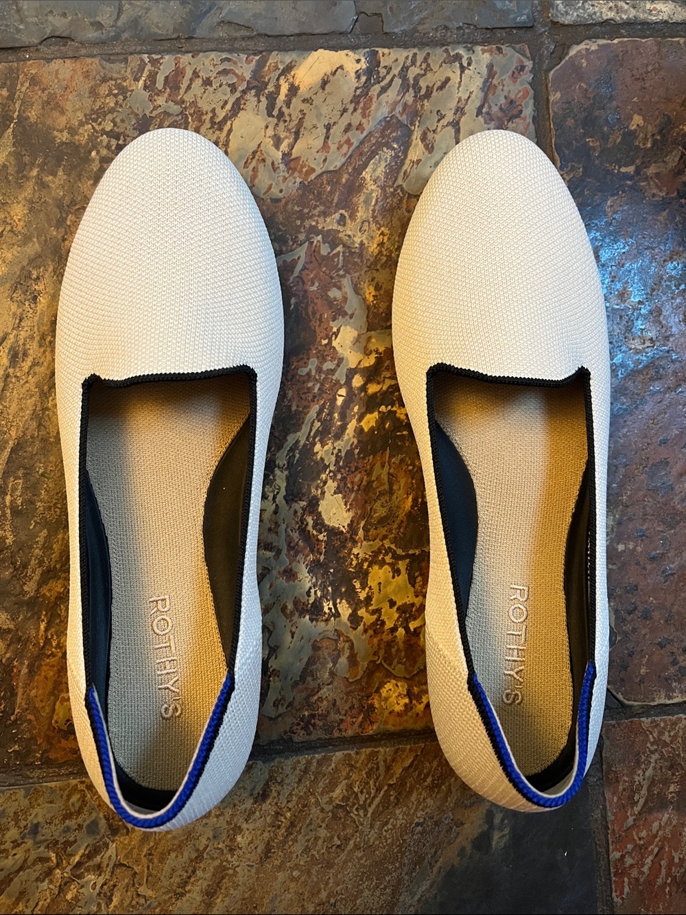Like New Rothy's Cream Knit Loafers with Blue Heel Trim